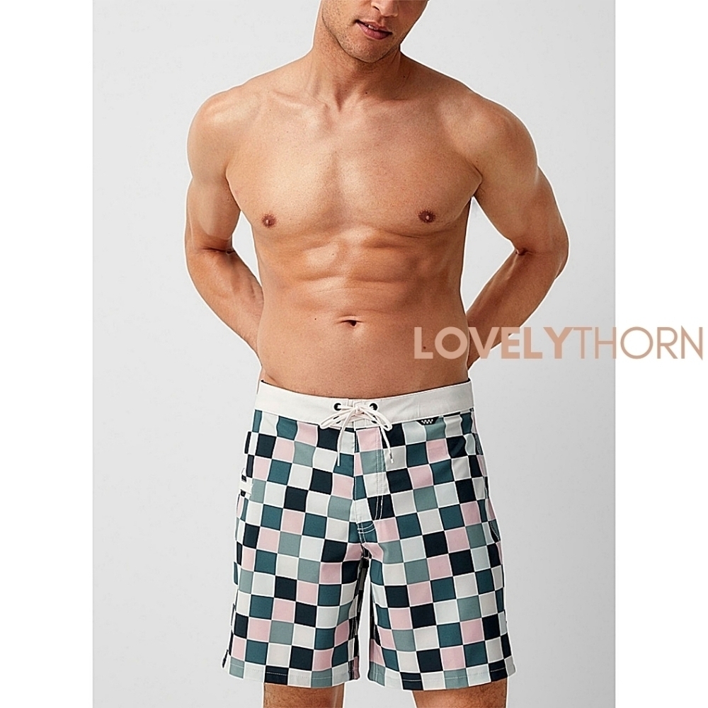 VANS // ltd ed daily check blue pink 17" lace-up side zipper pocket board shorts